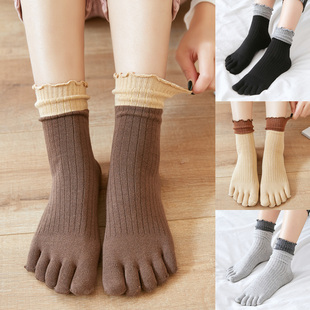 五指袜女纯棉秋冬短筒中筒堆堆，舒适日系可爱松口孕妇分脚趾船袜子