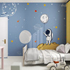 儿童房宇航员墙纸太空星球卡通，蓝色星空壁布男孩房幼儿园北y欧墙