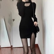 黑色包臀长袖连衣裙女秋冬装2023年气质修身显瘦性感辣妹裙子