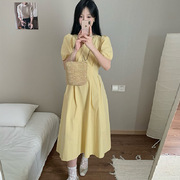 2024年夏韩国甜美圆领泡泡系带收腰显瘦长款黄色短袖连衣裙棉