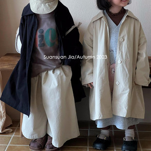 韩国童装儿童长款纯色，翻领风衣秋季男女童纯棉休闲风外套洋气