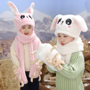 儿童帽子女冬季围巾围脖一体女童宝宝可爱兔子耳朵会动的毛绒帽潮