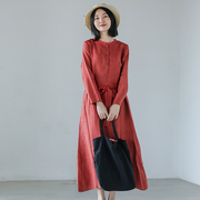 文艺复古亚麻色织系带，显瘦连衣裙气质橘红秋季长袖圆领长裙