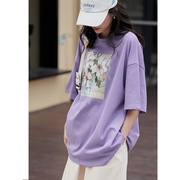 紫色复古油画设计感花朵印花短袖，t恤女韩版宽松夏季潮流上衣体恤