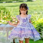 夏季儿童装女童蕾丝花边雪纺蓬蓬裙漂亮紫色洛丽塔背心裙子