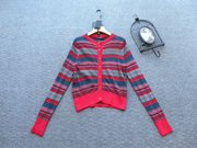 欧洲站 意大利制TWIN-SET红色细条纹弹力复古通勤女人味针织开衫