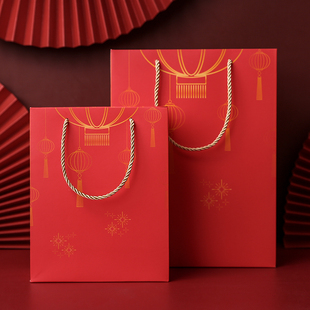 复古简约中国红新年情人节日袋伴手礼物包装袋糖盒手提纸袋子