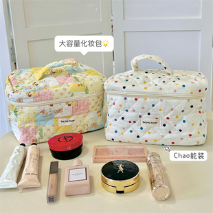 韩风chic小清新波点彩色，拼接棉布衍缝大容量手提化妆包收纳洗漱包