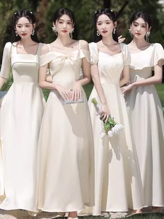 伴娘服2024姐妹团香槟色缎面裙高级感小众平时可穿短袖礼服女