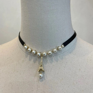 D设计感~复古法式埃菲尔铁塔珍珠拼接黑绳项链女气质高级轻奢劲链