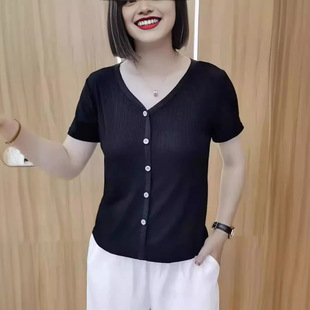 X新款女装轻熟风v领短袖T恤体恤衫 夏季30岁40女士穿搭上衣服装45