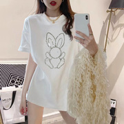 镶钻兔子白色短袖t恤女2024夏季韩版宽松大版中长款上衣ins潮