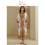 GDS澳洲品牌法式印花复古长袖宽松气质连衣裙女海边度假春夏