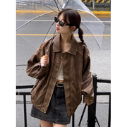 RAINY 复古感擦色做旧翻领皮衣女春秋宽松甜酷机车美式夹克短外套