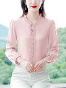 雪纺衬衣女士长袖2023秋季粉色衬衫洋气质减龄桑蚕丝别致上衣