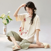 新中式睡衣复古古风100%纯棉，女中国风夏季短袖，国风女士盘扣套装