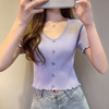 短袖女2024年夏紫色露脐薄款纯色针织衫韩版女装冰丝T恤上衣