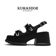夏日可爱kumandor黑色厚底高跟，凉鞋女夏粗跟一字扣露趾凉鞋