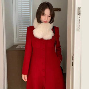 冬季韩国东大门红色双面羊毛，大衣真狐狸，毛领气质高级长款外套