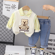 婴儿衣服春秋季男童洋气，休闲毛衣马甲衬衫三件套1一5周岁宝宝秋装