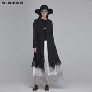 sdeer圣迪奥春装女装，蕾丝拼接收腰中长款翻领，黑色风衣s20181808