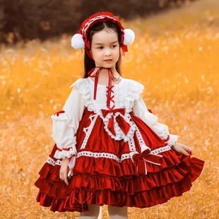 原创正版洛丽塔洋装女童拜年服公主蓬蓬裙中国红丝绒小裙子连衣裙
