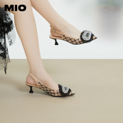 MIO米奥2023夏季尖头细跟时装凉鞋梦幻钻饰网纱舒适优雅高跟鞋女