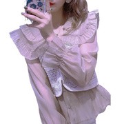 2023年秋装双层娃娃领衬衫，设计感镂空钩花马甲，假两件套女百搭
