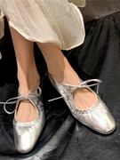 sukii~法式小众芭蕾鞋复古金色玛丽珍鞋2024真皮银色平底鞋单鞋女