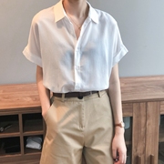日系天丝亚麻白色衬衫女夏季薄款设计感小众复古港味宽松短袖上衣