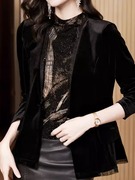 春秋季法式裙摆黑色金丝绒西装，小外套蕾丝拼接舒适透气上衣女