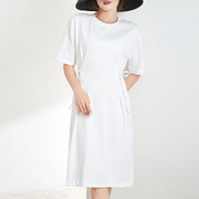 韩版白色圆领收腰绑带短袖连衣裙，夏季纯棉简约休闲网红纯色t恤裙