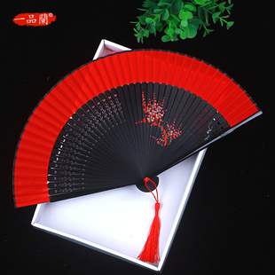 中国风跳舞红色扇子古典中式女式旗袍走秀古风，折扇舞蹈扇专用梅花