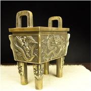 纯铜方鼎龙纹鼎仿古做旧龙香炉黄铜材质手工铸造铜鼎摆件工艺品