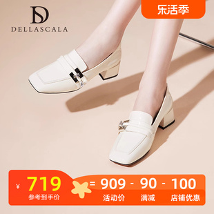 dellascala乐福鞋方头，牛皮浅口金属饰扣简约女鞋，粗跟单鞋dd64s101