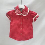 韩版中小童装 夏季女童宝宝红色点点小翻领短袖衬衫 衬衣