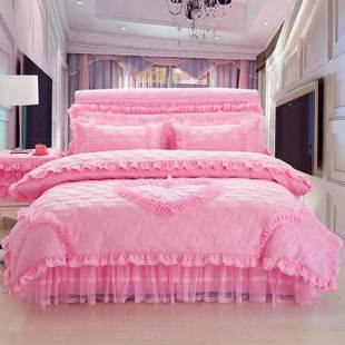 加厚被套四件套床裙式，韩式床罩1.8m夹棉蕾丝，床单婚庆紫色床上用品