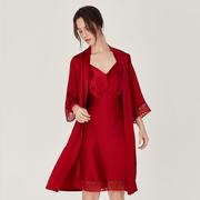 真丝吊带睡衣女夏季红色，新娘婚礼晨袍性感睡裙，桑蚕丝睡袍套装