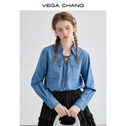 vegachang牛仔衬衫女设计感小众复古时尚，系带长袖上衣2024春