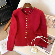 春装女2024年红色毛衣，开衫女士短款小香风针织衫开衫洋气上衣