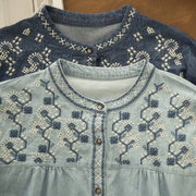 蓝柑文艺气质舒适水洗牛仔棉，民族风刺绣，立领衬衣女长袖春衬衫