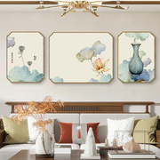 高档荷花新中式客厅装饰画八边形，三联画沙发，背景墙壁画中国风茶室