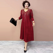 高端羊毛针织重工烫钻红色连衣裙喜婆婆宽松遮肉显瘦减龄打底裙子