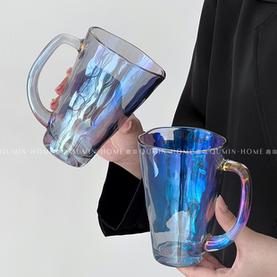 趣皿 紫烟波纹玻璃杯带把手咖啡杯家用喝水杯小众不规则果汁杯子