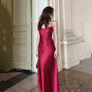 instunning 法式缎面吊带裙优雅气质红色连衣裙女简约露背礼服裙