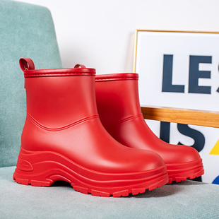 春季大红色雨鞋女短筒百搭胶鞋时尚纯色防水防滑轻便厚底工作水鞋
