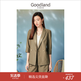 goodland美地女装春季时尚，通勤军绿色双排扣休闲西装外套
