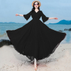 黑色沙滩裙2024长雪纺连衣裙，显瘦遮肉波，西米亚长裙夏季到脚踝