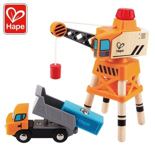 hape火车轨道大型全能起重机，卡车套儿童益智玩具，3-6岁男女孩木制