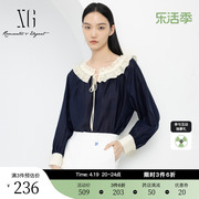 XG雪歌藏青色一字领长袖衬衫2024春季木耳花边设计套头上衣女